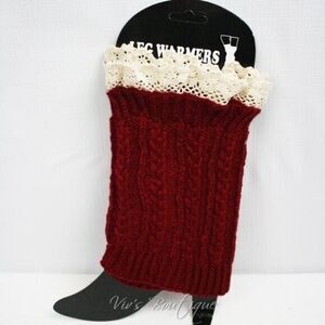 Cable Knit Red Boot Cuffs Leg Ankle‎ Warmers Lace Trim Women's One Size